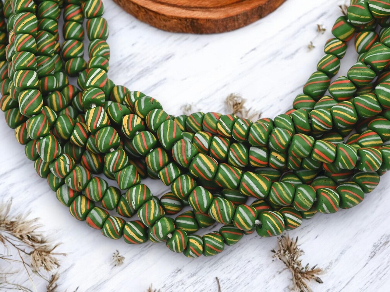 Striped Java Glass Beads. 6-8mm beads. Approx 24" Strands. 4-5 beads per inch